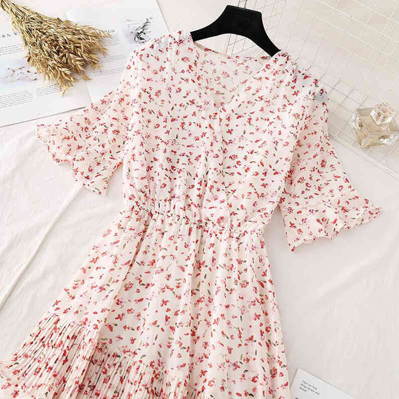 Summer Dress Women Slim Vintage Floral Print Chiffon Long Dress Female Casual Ruffles Pleated Dress Party Vestidos 210521