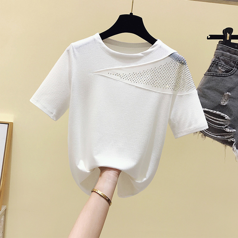 Summer Women's Short Sleeve O Neck Bling Patchwork Mesh T-Shirt Ladies Casual Pullover Tee Tops A3275 210428