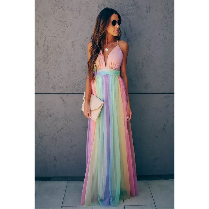 Women's Rainbow Beach Slip Dress Summer New Fashion Ladies Sling Vestidos Sexy Deep V Mesh Suspender Maxi Party Dresses 210422 C260312