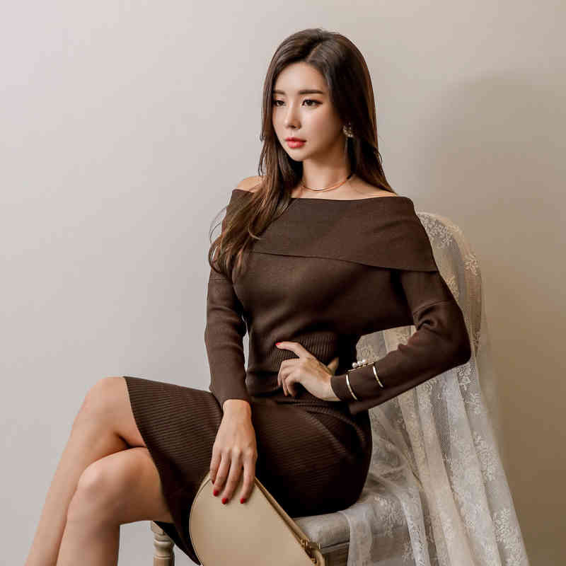 Autumn Women Sexy Off Shoulder Bodycon Sweater Dresses Knitted Long Sleeve Casual Vestidos 210520