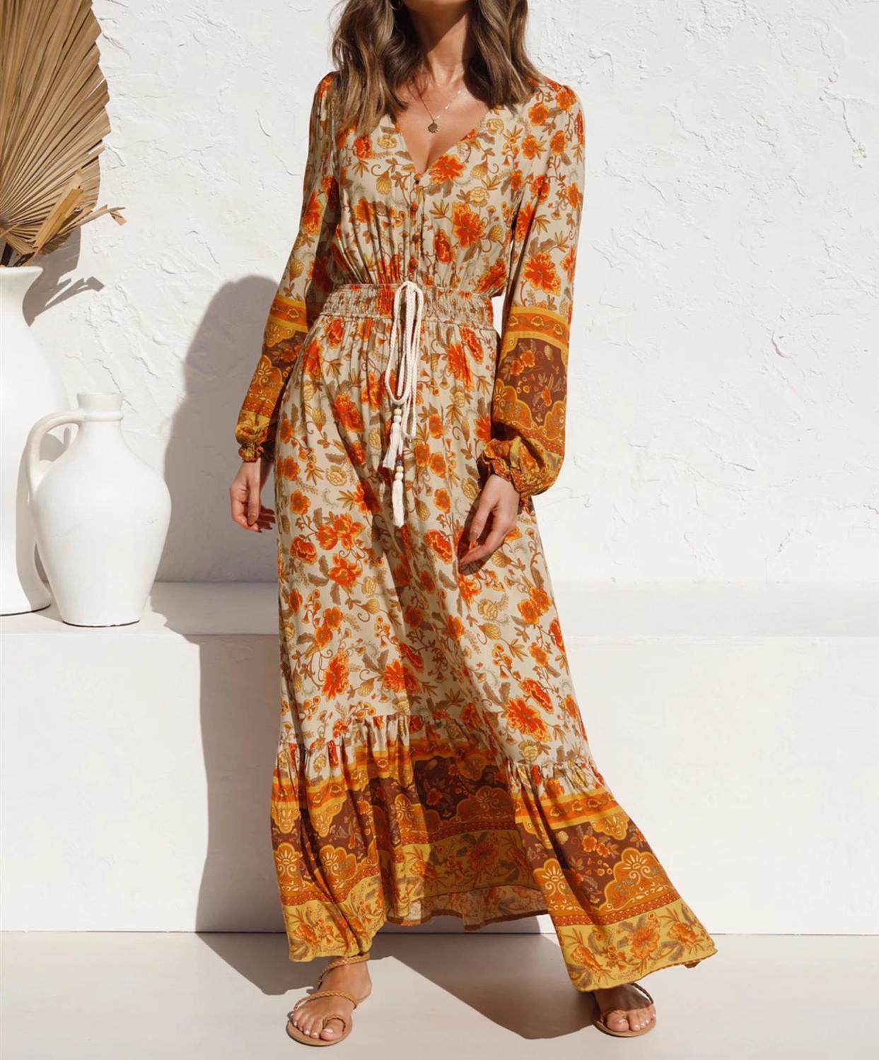 Bohemia Buttons V neck Floral Print BOHO Long Sleeve Dress Woman Bow Strappy Lacing up Elastic Waist Holiday Dresses 210429