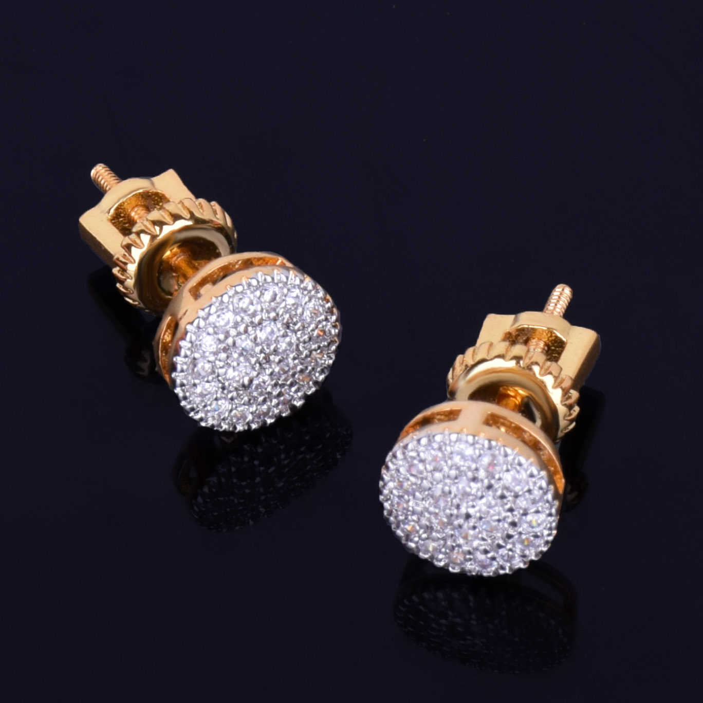 8MM Gold Color Small Round Stud Earring AAAA Cubic Zircon Screw Back Men's Earrings Fashion Hip Hop Jewelry 210817