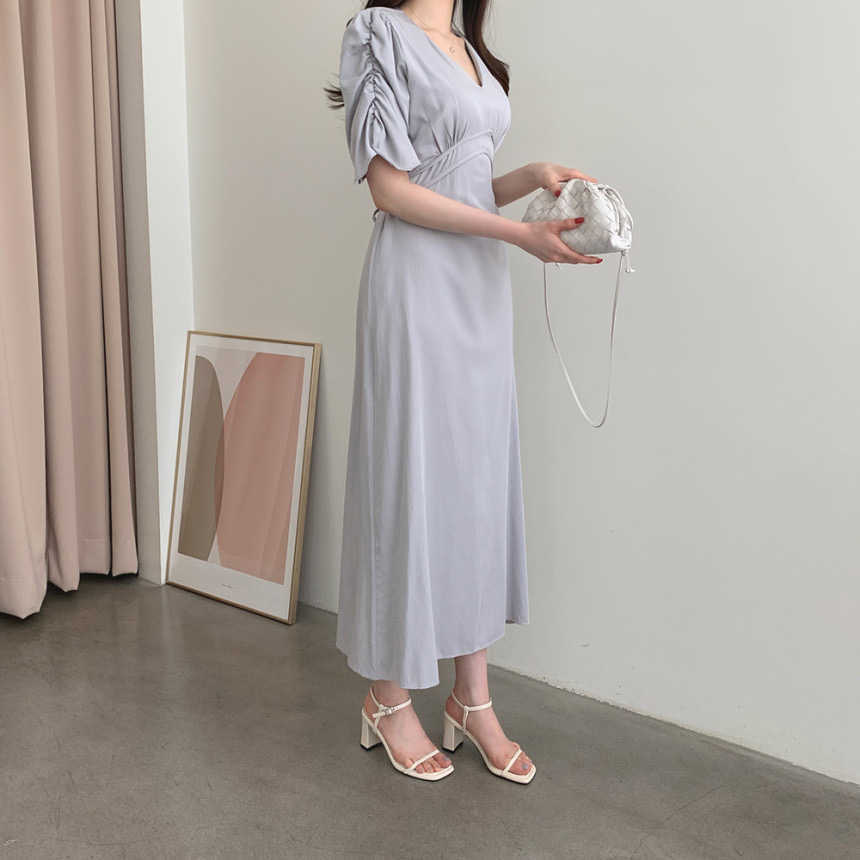 Korejpaa Women Dress Summer Korean Chic French Elegant V-Neck Tie Waist Slimming Solid Color Pleated Short-Sleeved Vestidos 210526