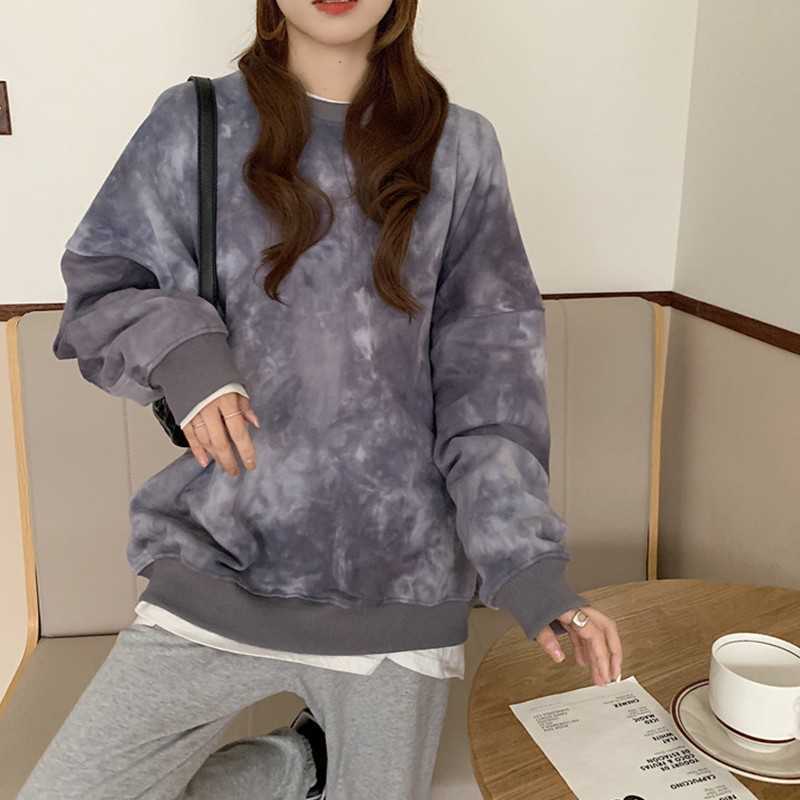 Yedinas Women's Tie Dye Sweatshirts Oversized O-neck Loose Pullover Fahion Winter Tops Fleece Sweaters For Girls Ladies 210527