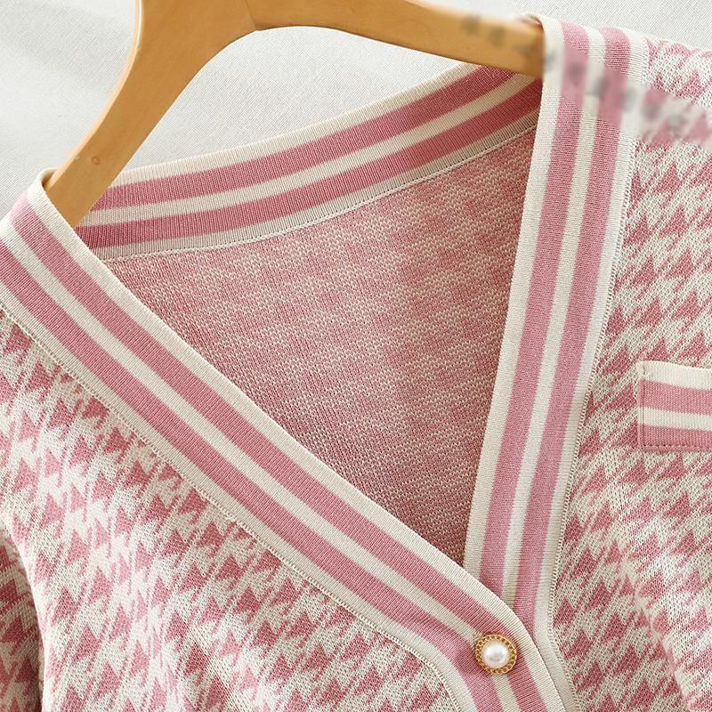 Korean Chic Houndstooth Knit Suit Women Fashion Loose Knitted Cardigan Tops + Spliced Wide-Leg Pants Two Piece Set Casual Outfit Women's Tra