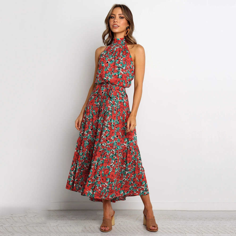 Summer Cold Shoulder Vestidos Elegant Halter Tunic Broken Flowers Print Maxi Dress Casual Loose Sexy Ladies Party Dresses 210526, Red 
Summer Cold Shoulder Vestidos Elegant Halter Tunic Broken Flowers Print Maxi Dress Casual Loose Sexy Ladies Party Dresses 210526, Red
