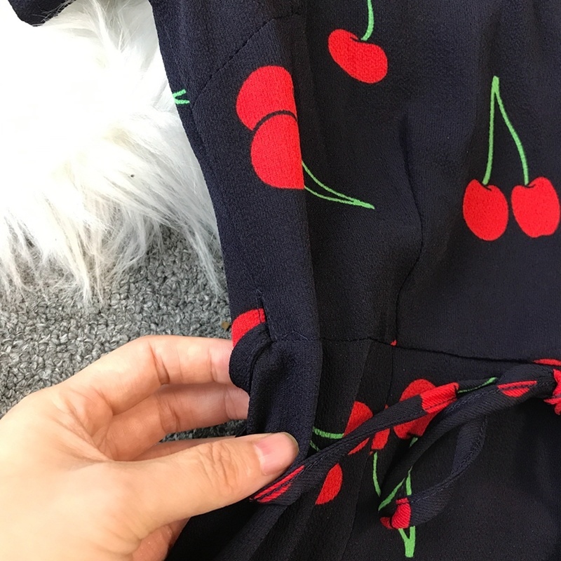 Print Summer Dress Women Cherry Short Sleeve Elegant Sweet Vestidos V Neck Short Sleeve Chiffon Dresses A-line 210521