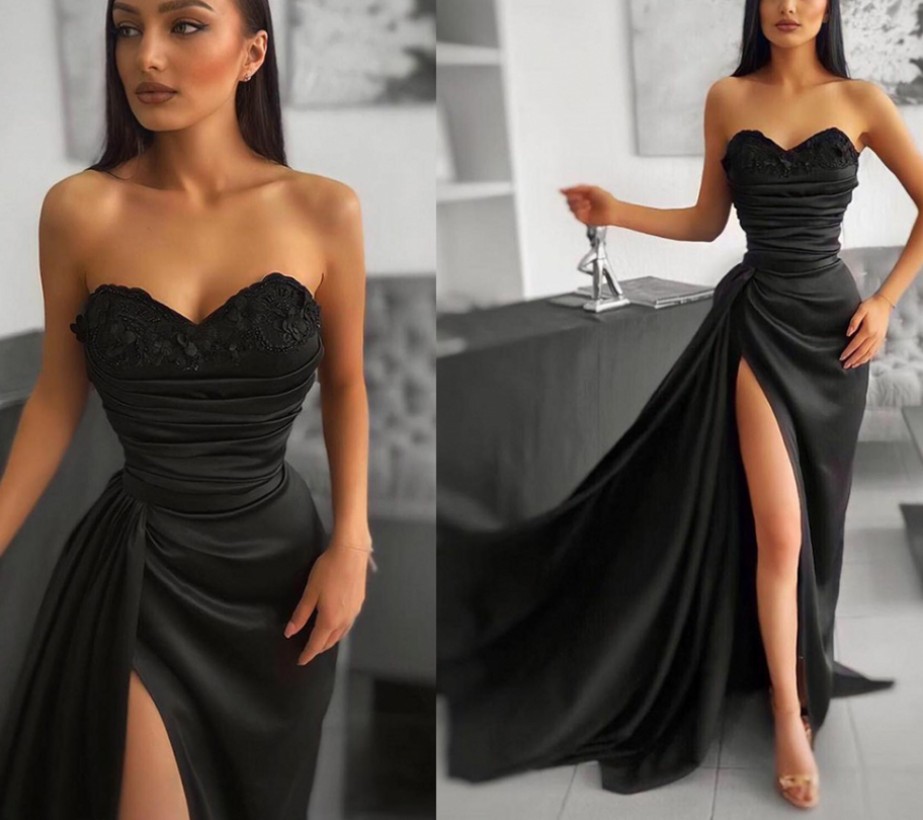 Black Mermaid Satin Evening Dress 2022 Sexy Long Sweetheart High Slit Lace Appliques Prom Formal Gown Celebrity Wear Robe De Soiree Vestidos Fiesta