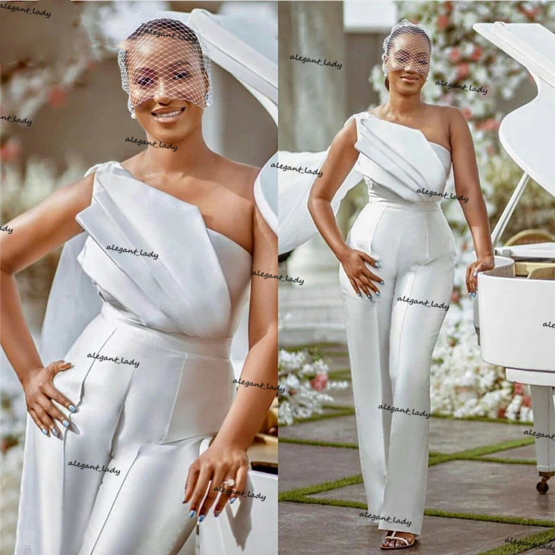 African White Jumpsuits Wedding Dresses 2021 One-Shoulder Satin Bride Reception Jumpsuit Women Pant Suits Vestido De Noiva