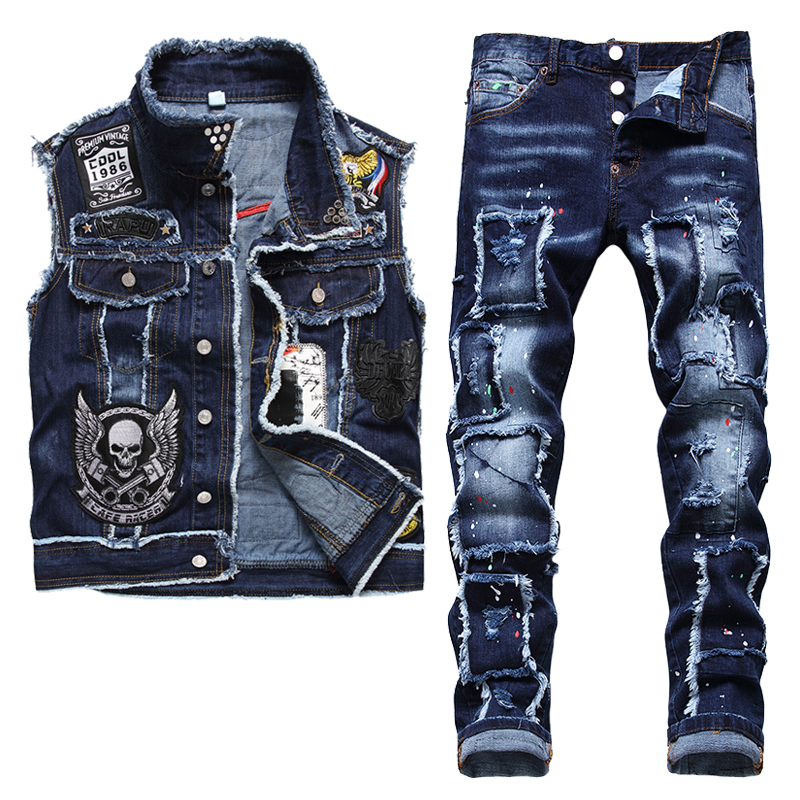 Blue Tracksuits Summer Men 2 Pieces Sets Slim Casual Embroidery Skull Denim Vest and Ragged Paint Patch Stretch Jeans Conjuntos De Hombres, Vest and jeans 888.1086
Blue Tracksuits Summer Men 2 Pieces Sets Slim Casual Embroidery Skull Denim Vest and Ragged Paint Patch Stretch Jeans Conjuntos De Hombres, Vest and jeans 888.1086