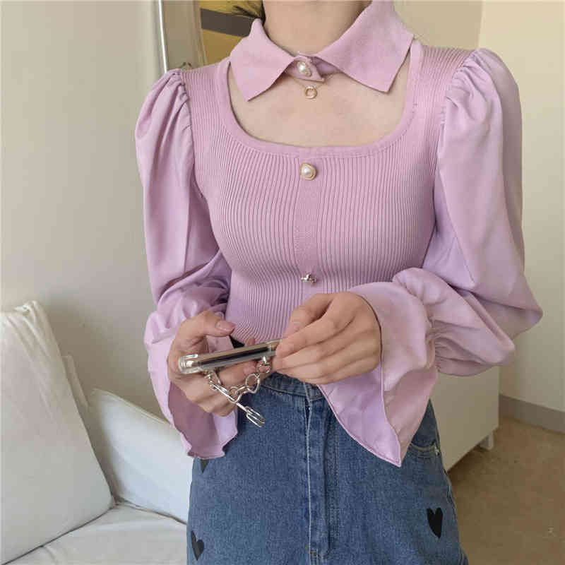 Ezgaga Hollow Out Blouse Women Patchwork Knit Tops Thin Slim Spring Outwear Long Sleeve Shirts Elegant Korean Fashion 210430