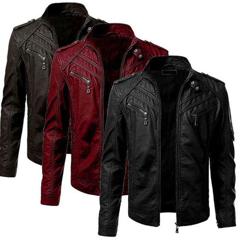 Mens Leather Jacket Slim Fit Stand Collar PU Motorcycle Jacket Lightweight 211111