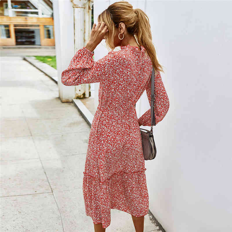Autumn Winter Ladies Casual Floral Print Dress Women Full Sleeve Lace Up V-neck High Wasit Long Vintage Dress Female New 210325