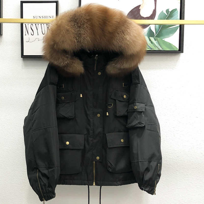 Large Natural Raccoon Fur Women Down Coat Winter Thick 90% White Duck Down Parka Female Hooded Short Jacket Loose Down Outerwear 210819