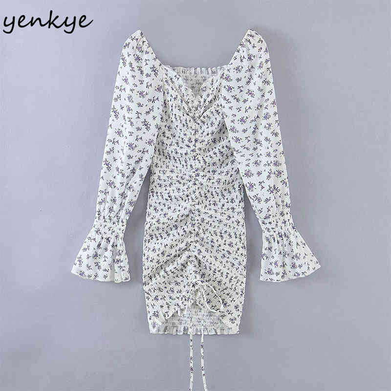 Sweet Floral Print Elastic Sexy Dress Women Long Sleeve V Neck Front Drawstring Bodycon Mini Summer Party Vestido 210430