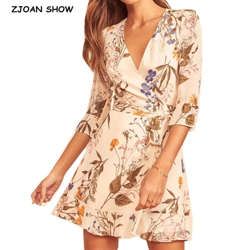 French Women Dress Half Sleeve Holiday Bow Tie Sashes Floral Print Short Party Dresses Slim fit Vestido 210429