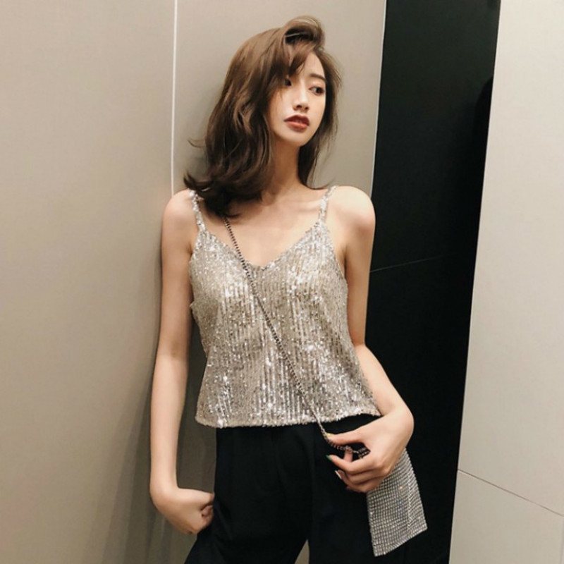 Sexy Womens tank top Silver Sequin Backless sleeveless Glitter Strappy Tank Tops Ladies Sparkle Camis v-neck Vest party Clubwear 210428