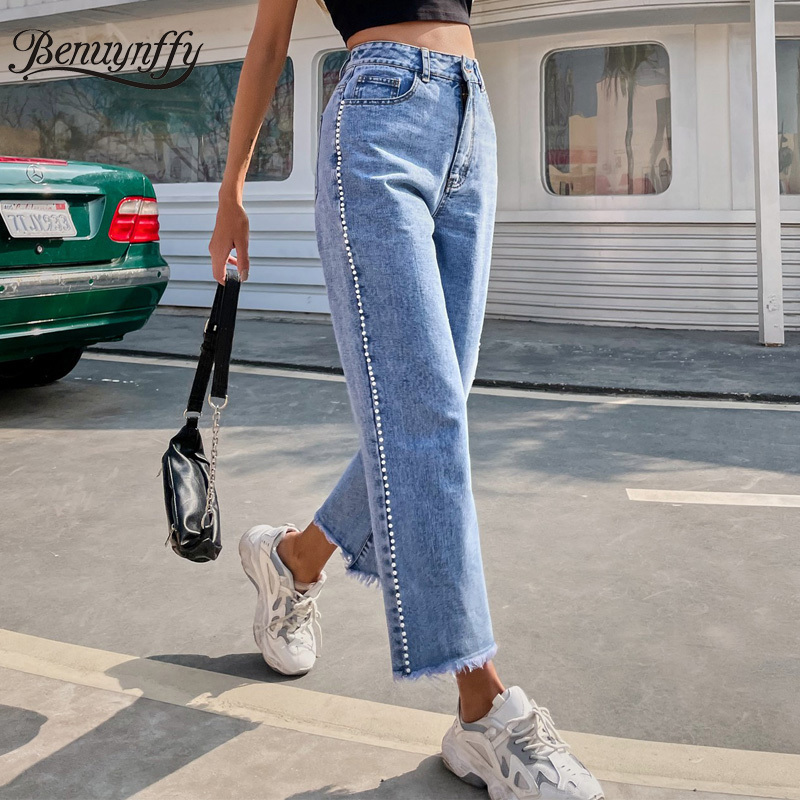 Side Detail Raw Hem Boyfriend Jeans Woman Korean Fashion Streetwear High Waist Baggy Casual Mom Straight Denim Pants 210510