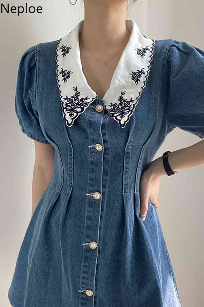 Nwploe Mini Denim Dress Women Korean Chic Robe Vintage Embroidery Pleated Dresses Single Breasted Puff Sleeve Jeans Vestidos 210422