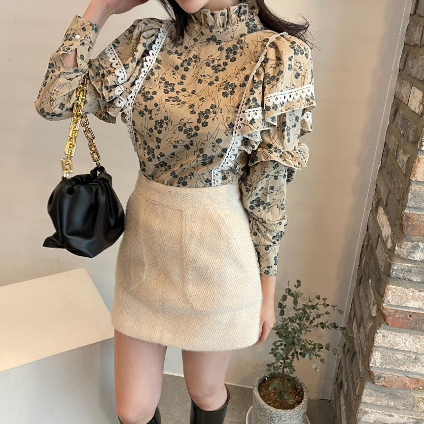 Comelsexy Office Lady Florals Stand Female Loose Printed Fashion All Match Streetwear Blouses Chic Vintage Lace Shirts 210515