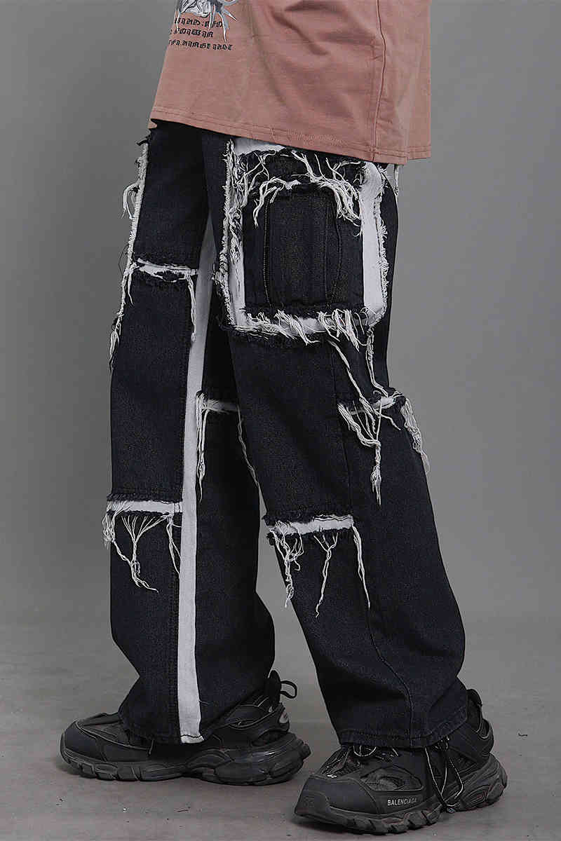 IEFB /men's wear streetewar hip hop loose raw edge patchwork loose jeans male spring straight denim patns 9Y1852 210524