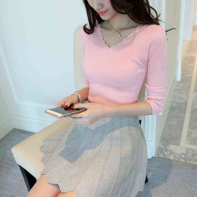 Autumn Long Sleeve Sweater Women Winter Pullovers Solid Black White Knitted Sweater Tops Wave Cut V-neck Basic Office 7809 50 211109