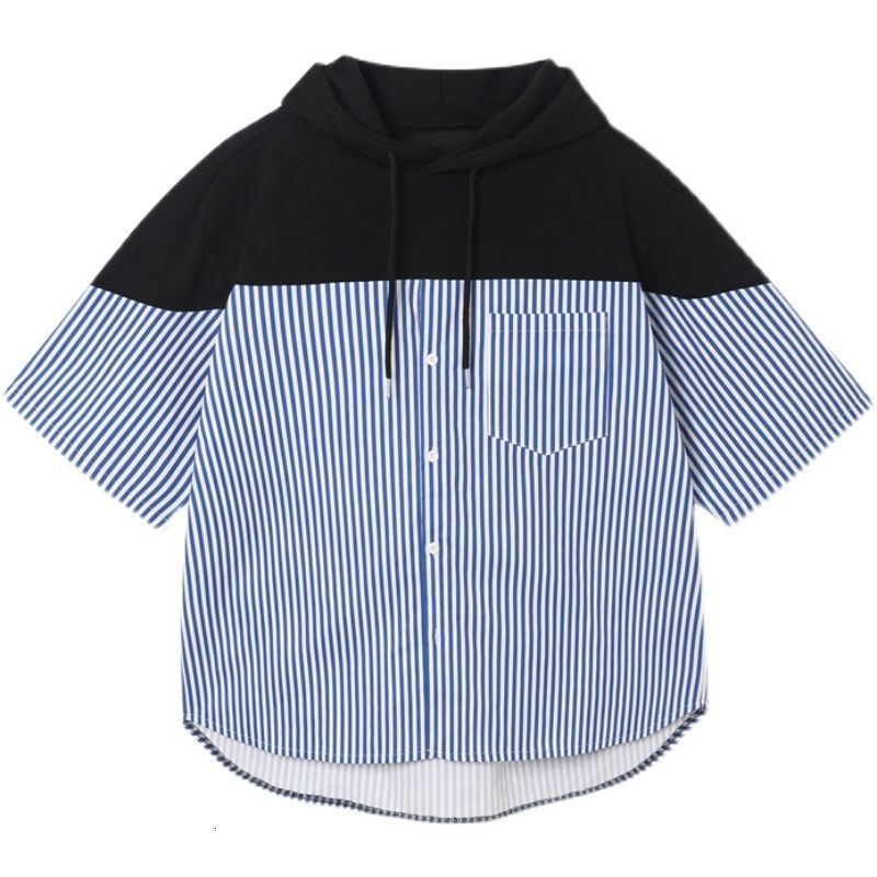 IEFB Korean Fashion Patchwork Sweatshirts Style Short Sleeve Pullovers Shirts Summer Blue Striped Oversized Tops 9Y7228 210524