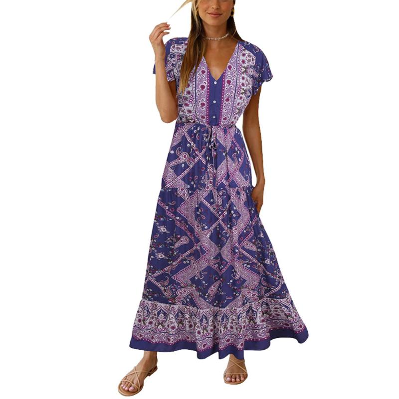 Casual Dresses Summer Women Printed Boho Long Maxi Dress Short Sleeve Kaftan Beach Sundress Bohemian Style Ladies