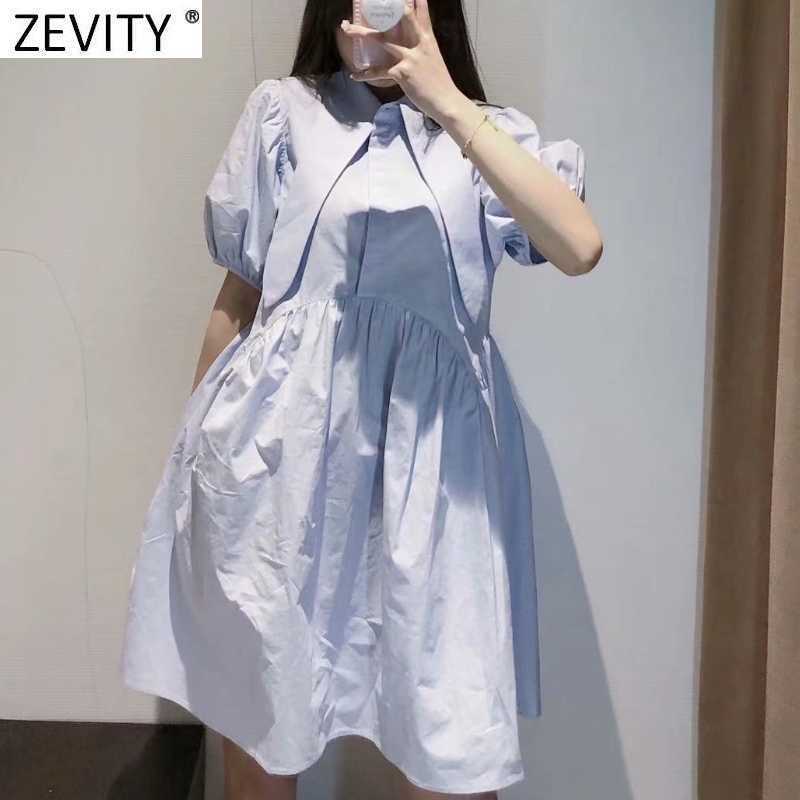 Zevity Women Sweet Solid Color Pleats Poplin Mini Dress Chic Lantern Sleeve Casual Vestidos Female Leisure A Line Dresses DS8296 210603