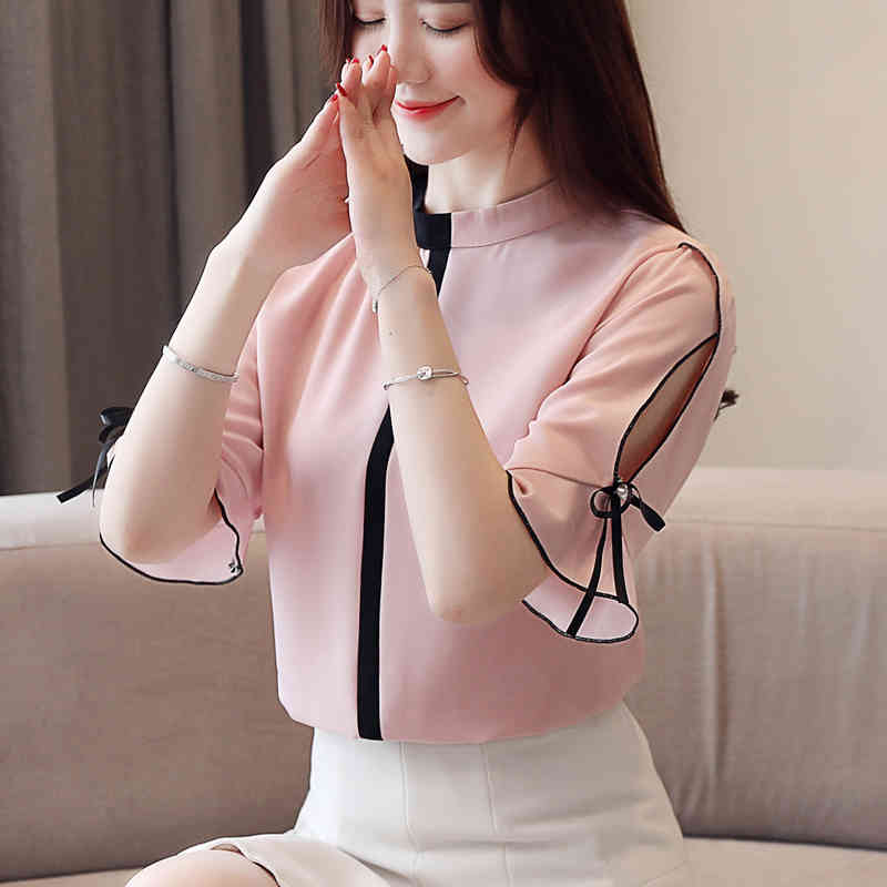 Summer Large Size Loose Solid Color Chiffon Blouse Women Short-Sleeve Stand Collar All-match Ladies' Shirt 8956 50 210506