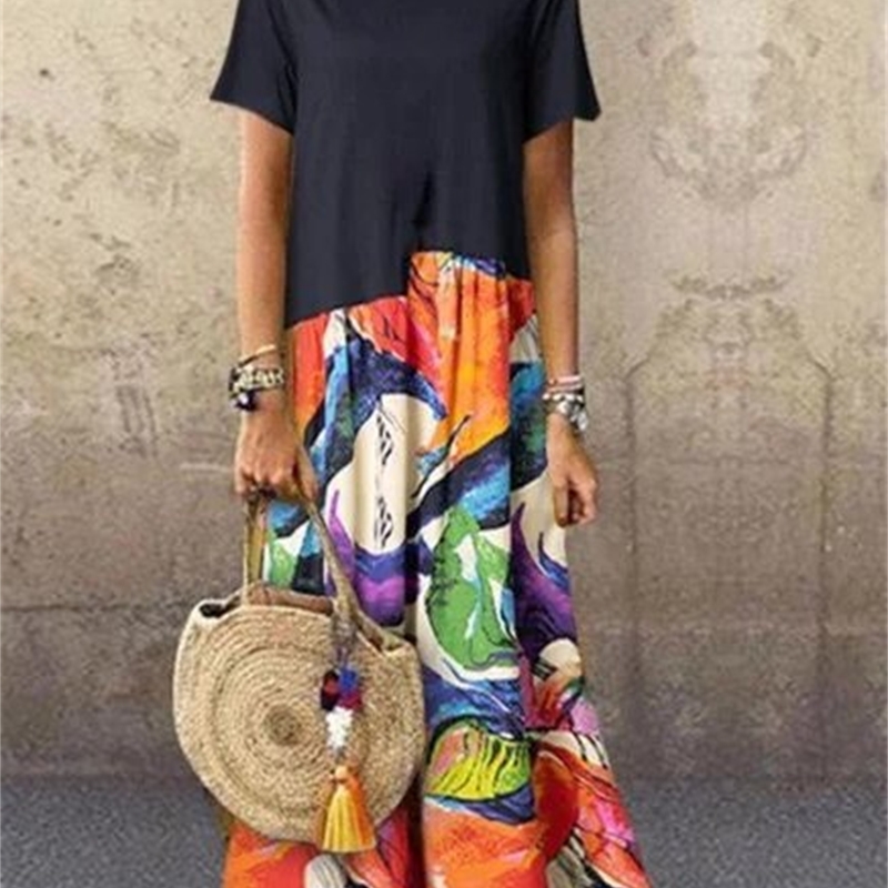 Women Dress Short Sleeve Color Matching Printing Dresses Plus Size Long Summer Clothes Fashion 210513