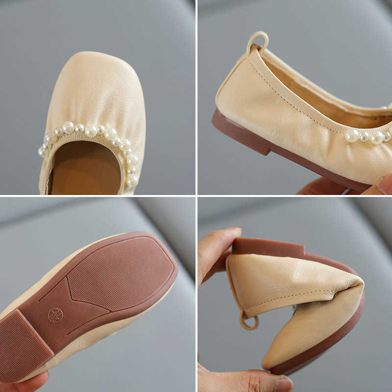 Autumn Girls Leather Shoes Fashion Solid Color Pearl Baby Girl Shoes Flat Heels Kids Dress Shoes Soft Bottom Black Beige SMG217 X0703
