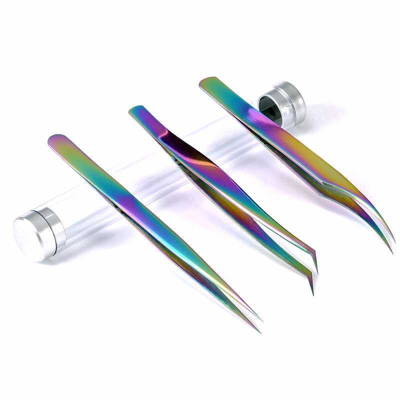 Rainbow False Eyelashes Curler Eyelash Tweezers Fake Eyelashes Nipper Anti-Static Precision For Eyelash Extension Grafting Tools