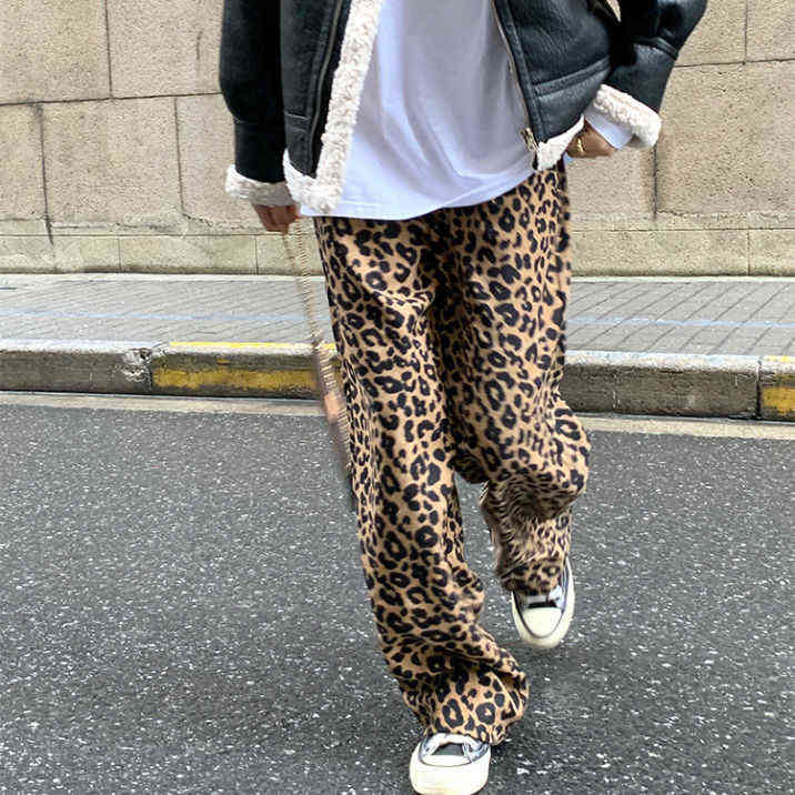 Korean leopard print wide leg pants high waist straight tube casual loose thin mops women fashion sweat 211115