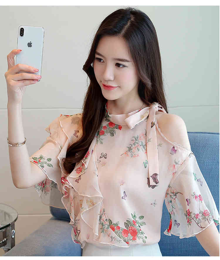 fashion women tops and blouses print pink chiffon blouse shirt summer shirts s clothing blusas femininas 1887 50 210506
