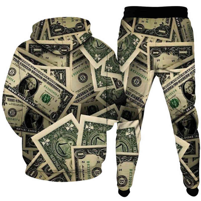 2021 US Dollar Money 3D Print Men Tracksuits Women Hooded Sportswear Hoodies+Jogger Pants 2Pcs Set Spring Autumn Fashion Clothes G1215