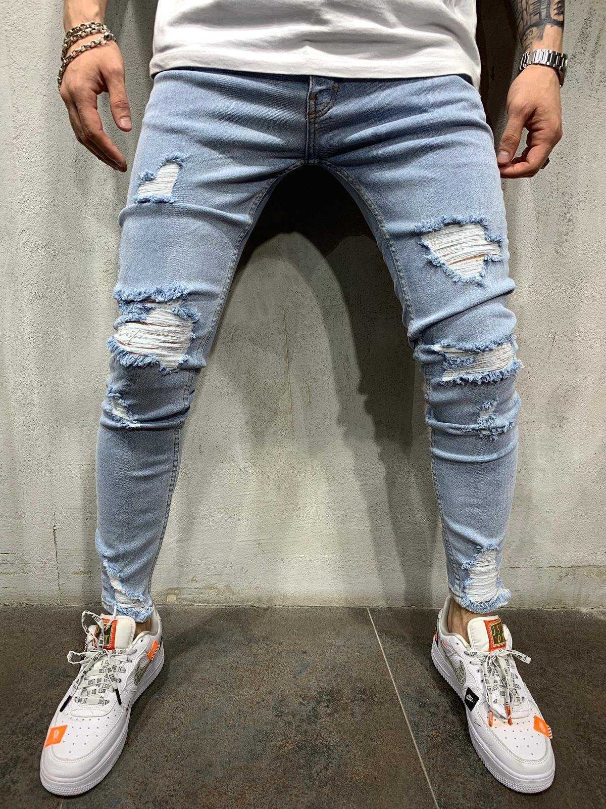 Adisputent Men's Sweatpants Sexy Hole Men Jeans Pants Casual Summer Autumn Male Ripped Skinny Trousers Slim Biker Outwears Pants 211011