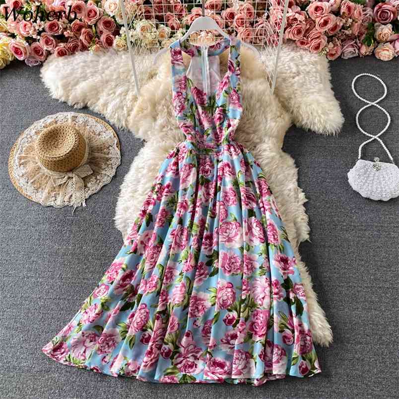 Chiffon Floral Dress Women Summer Robe V Neck Sleeveless Off Shoulder Dresses Korean Temperament Vintage Maxi Vestido 210519