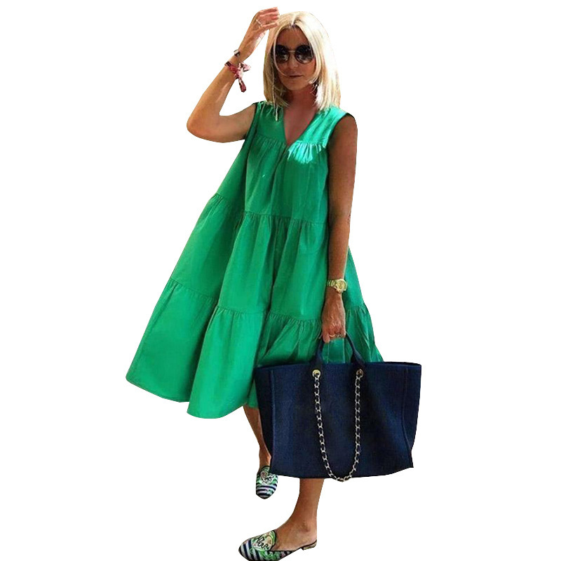 Women Dress V-neck Sleeveless Green Vintage Dresses Plus Size Loose Casual Long Summer Clothes 210513