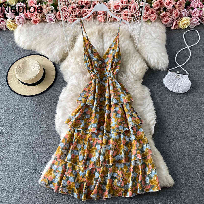Neploe Summer Vestidos Mujer Floral Chiffon Robe V-neck Backless Sling Dress Korean Slim Elegant Cake Dresses 95498 210422