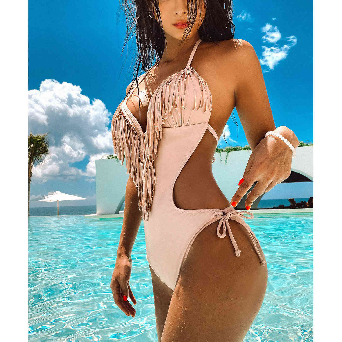 Deep Plunge V Neck Fringe Cut Out Swimsuit Trikini Women Sexy Halter Backless Tassel Swimwear Bath Suit Monokini 210324