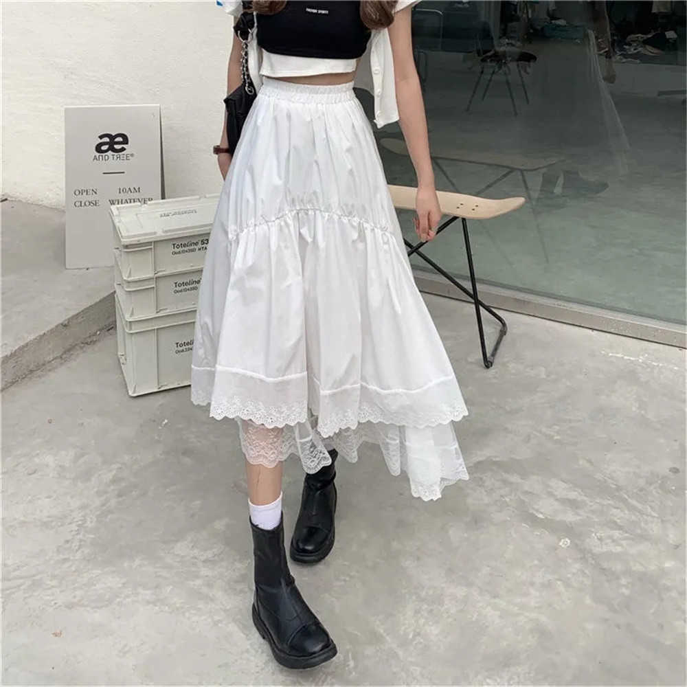 Dark Academia 3-Layer Mesh Lace Tull Skirt Black Gothic Stitching Irregular Pleated Skirt Women White High Waist Long Saia 210619wtt