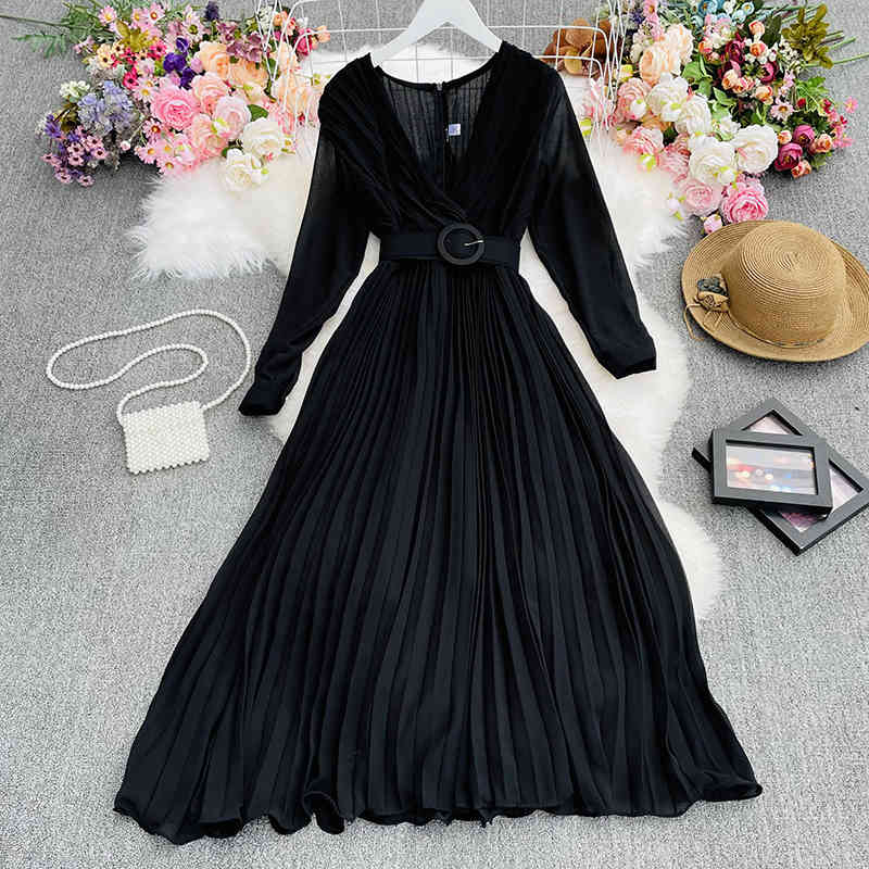 Nomikuma Korean Pleated A-line Elegant Long Dress Belt Slim Waist V-neck Long Sleeve Vestidos Spring New Women Dresses 6G176 210427