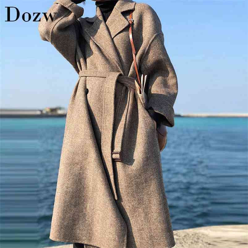 Striped Fashion Wool Coat Jacket Women Lace Up Long Blend Elegant Ladies Coats Plus Size Turn Down Collar Outwear Abrigo Mujer 210515