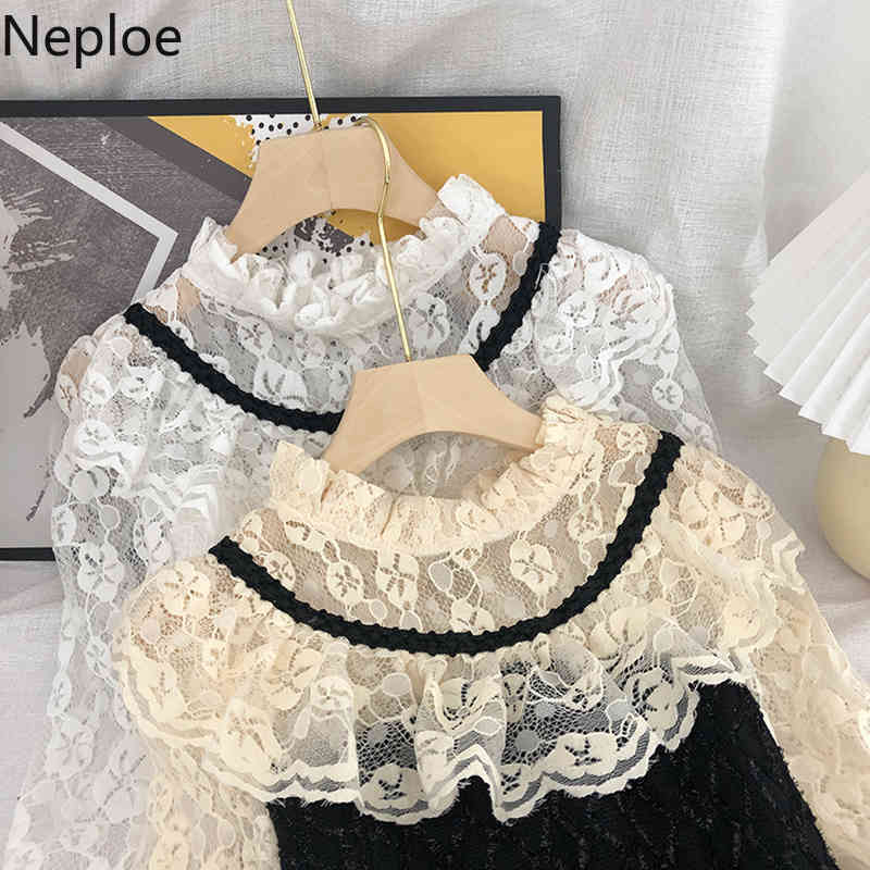 Neploe Dresses for Women Vintage Lace Crochet Floral Patchwork Vestidos Spring Clothes Sweet Elegant Mini Dress Female 4H313 210422