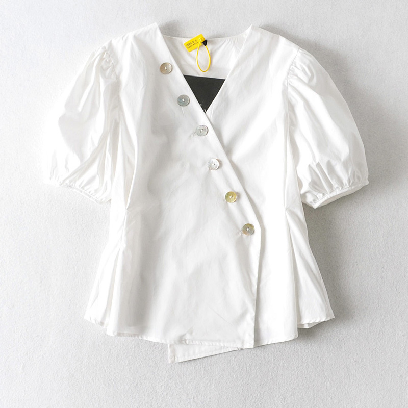 Summer Sexy French V-neck Female Shirt Irregular Short-sleeved Bubble Sleeve Diagonal White Minimalist Chic Women's Tops 210507