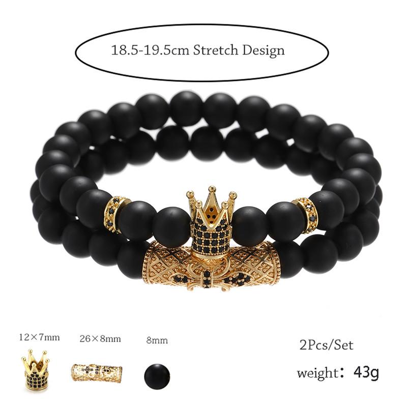 Charm Bracelets 2021 2pcs/set CZ Crown Bracelet Men Braclet Kinds Black Matte Stone Bead For Mens Hand Jewelry