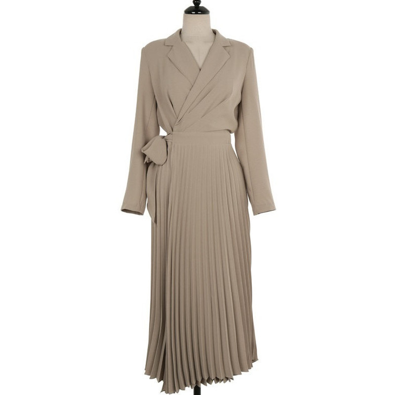 Elegant Pleated Dress Suit Collar Chiffon es Office Lady Women Autumn Korean Loose Midi High Waist with Belt 12922 210506
