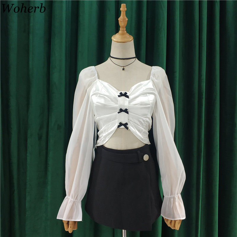 Blouse Women See Through Puff Sleeve Crop Tops Korean Fashion Chiffon Blusas Mujer Sexy Lady Pleated Blouses 95388 210519