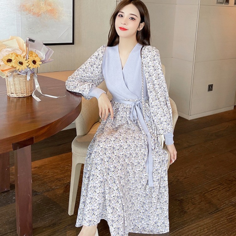 Elegant Retro Knitted Patchwork Flowers Chiffon Midi Dress Spring Fashion V-Neck Long Sleeve High Waist Slim Female Vestido 210519